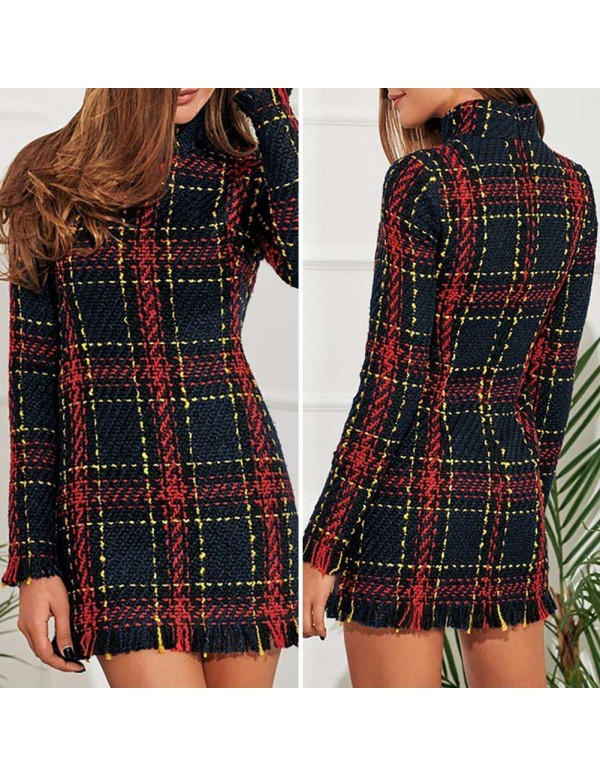 Vintage Mini Dress Autumn Elegant Plaid Print Tassel Bodycon Clothing