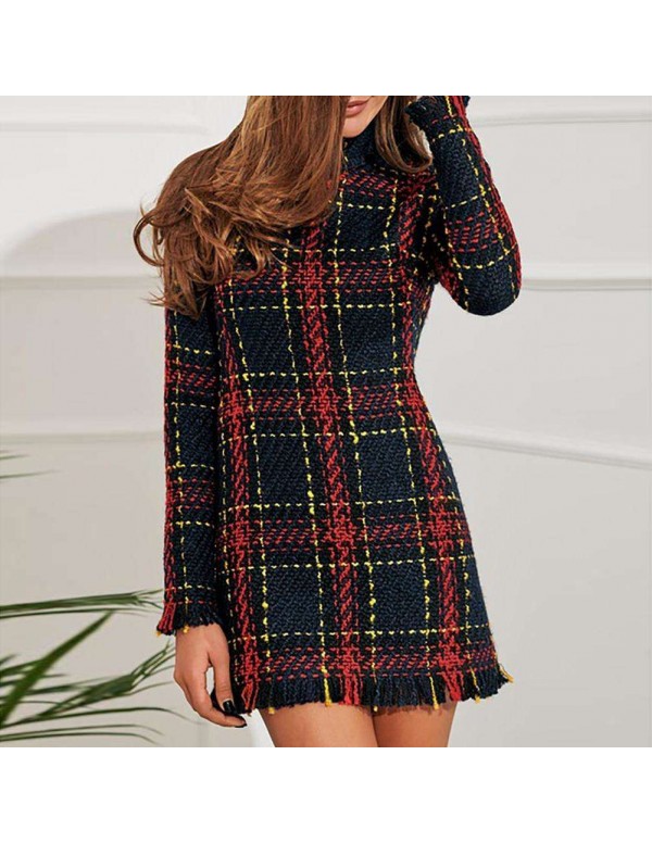 Vintage Mini Dress Autumn Elegant Plaid Print Tassel Bodycon Clothing