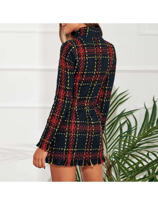 Vintage Mini Dress Autumn Elegant Plaid Print Tassel Bodycon Clothing