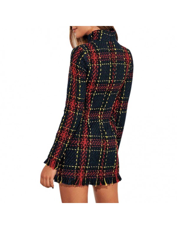 Vintage Mini Dress Autumn Elegant Plaid Print Tassel Bodycon Clothing