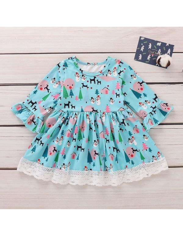 Cute Baby Girls Costume Snowman Pleated Sleeve Dress Child Christmas Clothes