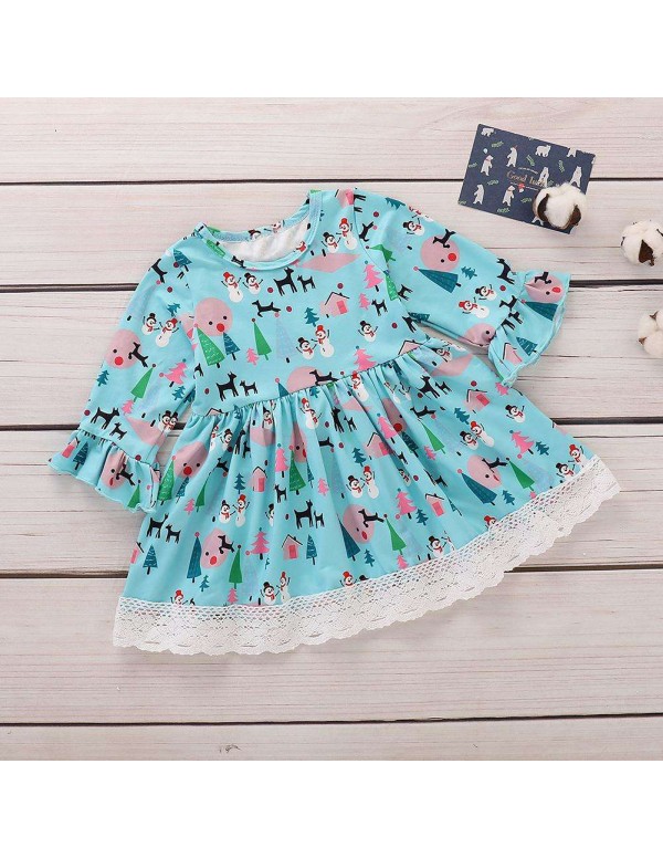 Cute Baby Girls Costume Snowman Pleated Sleeve Dress Child Christmas Clothes