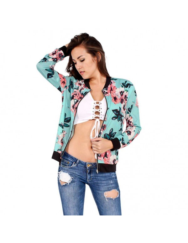 Flower Print Bomber Jacket Autumn Long Sleeve Casual Zipper Coat Tops