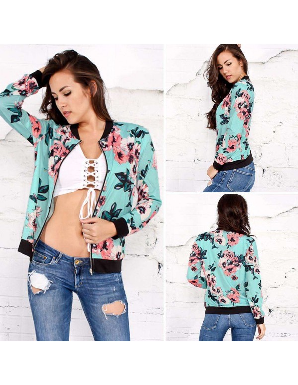 Flower Print Bomber Jacket Autumn Long Sleeve Casual Zipper Coat Tops