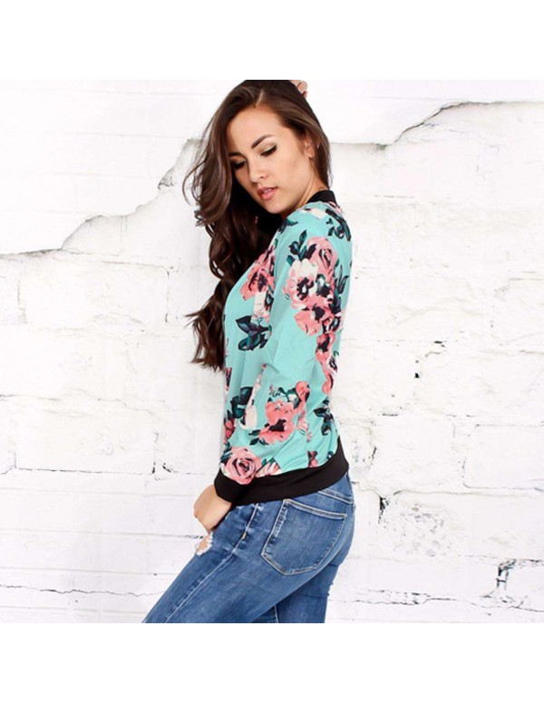 Flower Print Bomber Jacket Autumn Long Sleeve Casual Zipper Coat Tops