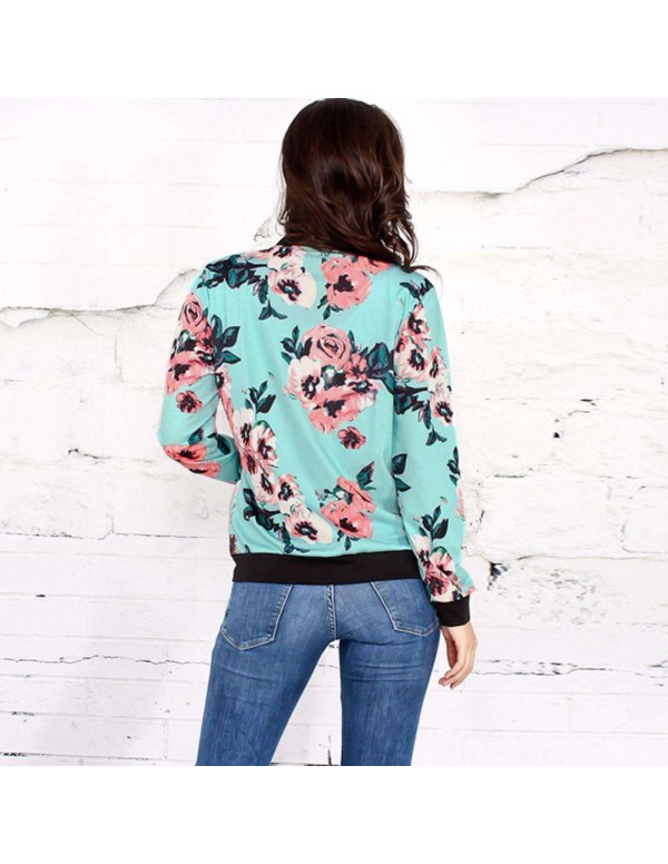 Flower Print Bomber Jacket Autumn Long Sleeve Casual Zipper Coat Tops