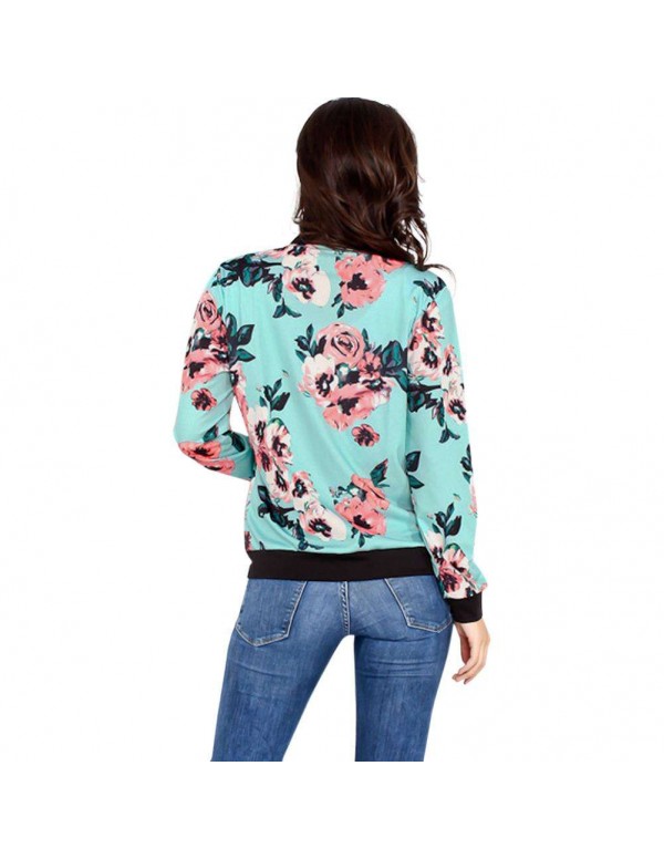 Flower Print Bomber Jacket Autumn Long Sleeve Casual Zipper Coat Tops