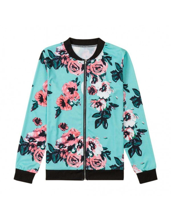 Flower Print Bomber Jacket Autumn Long Sleeve Casual Zipper Coat Tops