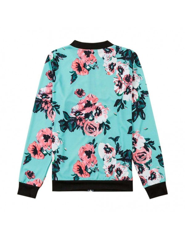 Flower Print Bomber Jacket Autumn Long Sleeve Casual Zipper Coat Tops