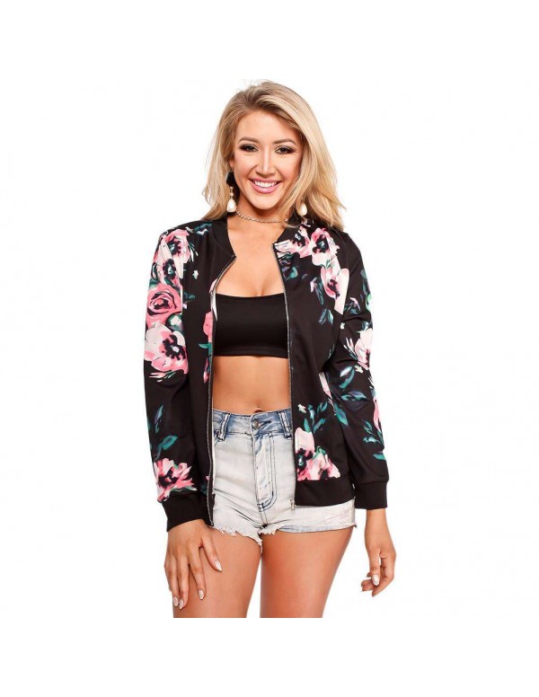 Vintage Floral Print Bomber Jackets Long Sleeve Ca...