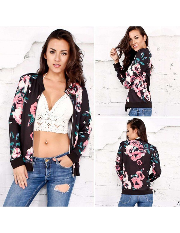 Vintage Floral Print Bomber Jackets Long Sleeve Casual Zipper Coat