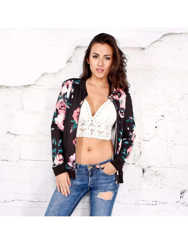 Vintage Floral Print Bomber Jackets Long Sleeve Casual Zipper Coat