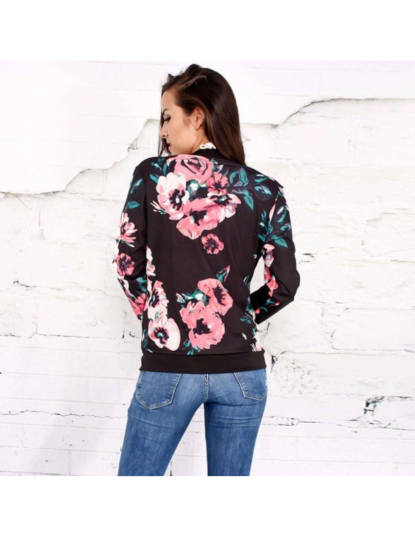 Vintage Floral Print Bomber Jackets Long Sleeve Casual Zipper Coat