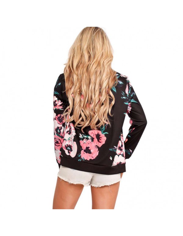 Vintage Floral Print Bomber Jackets Long Sleeve Casual Zipper Coat