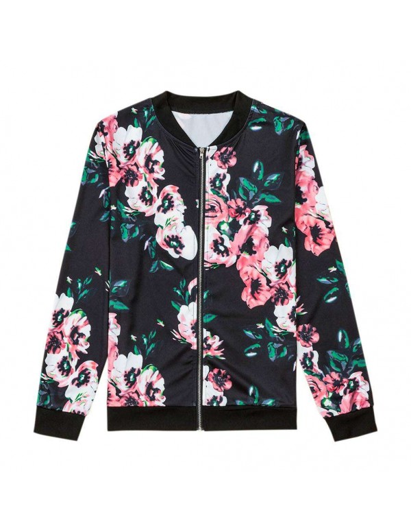 Vintage Floral Print Bomber Jackets Long Sleeve Casual Zipper Coat