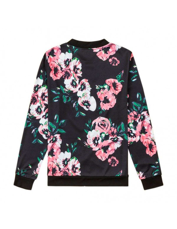 Vintage Floral Print Bomber Jackets Long Sleeve Casual Zipper Coat