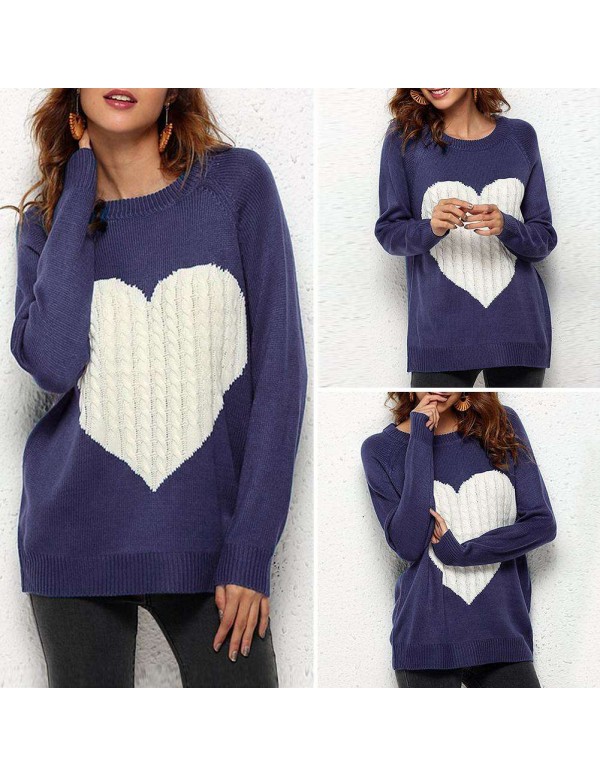 Autumn Sweaters Knitted Heart Pattern Print Long Sleeve Loose Tops