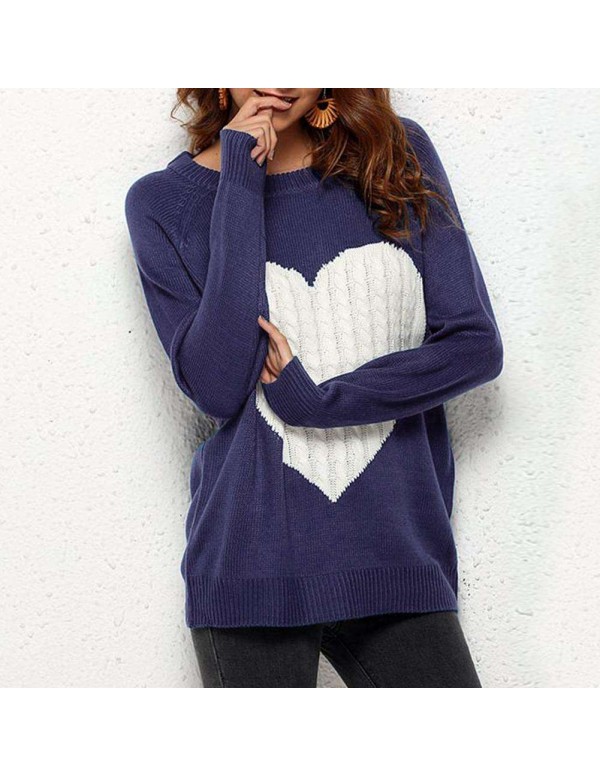 Autumn Sweaters Knitted Heart Pattern Print Long Sleeve Loose Tops