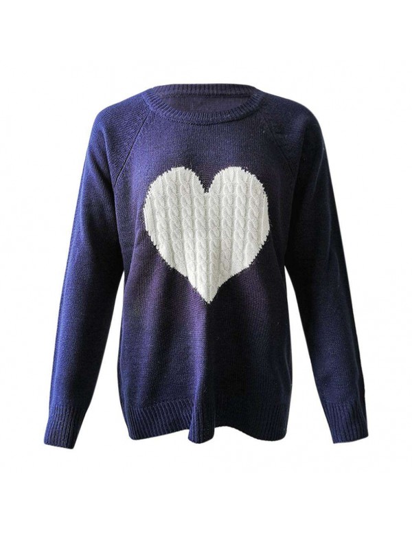 Autumn Sweaters Knitted Heart Pattern Print Long Sleeve Loose Tops