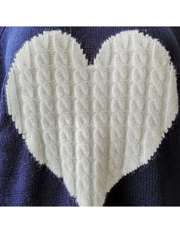 Autumn Sweaters Knitted Heart Pattern Print Long Sleeve Loose Tops