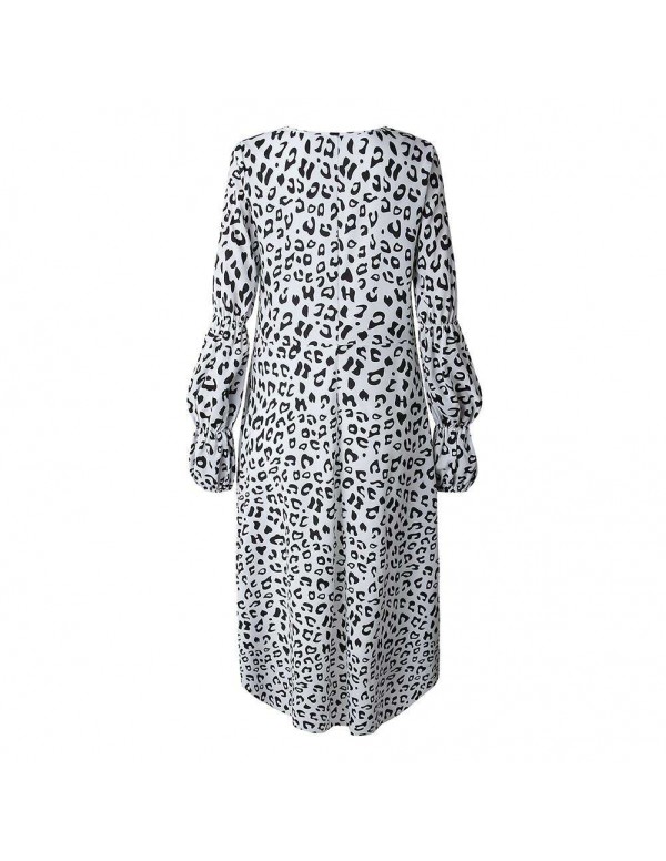 Elegant Leopard Print Ruffle Sleeves Shirt Dress Irregular Hem Tops