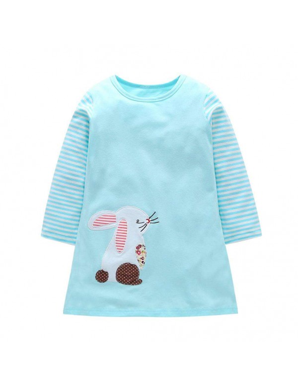 Children Long Sleeve Fashion Stripe Dress Cartoon Rabbit Girls Clothing