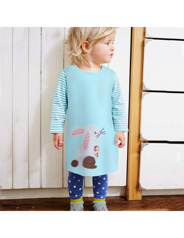 Children Long Sleeve Fashion Stripe Dress Cartoon Rabbit Girls Clothing