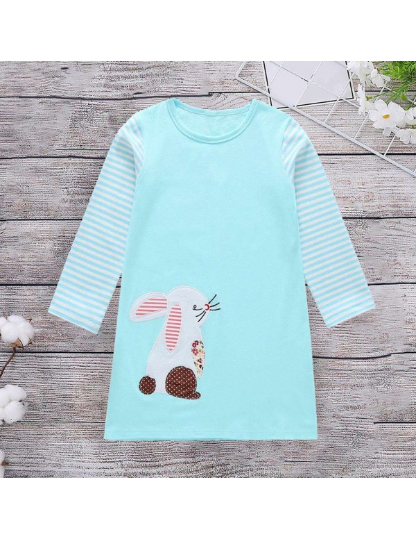 Children Long Sleeve Fashion Stripe Dress Cartoon Rabbit Girls Clothing