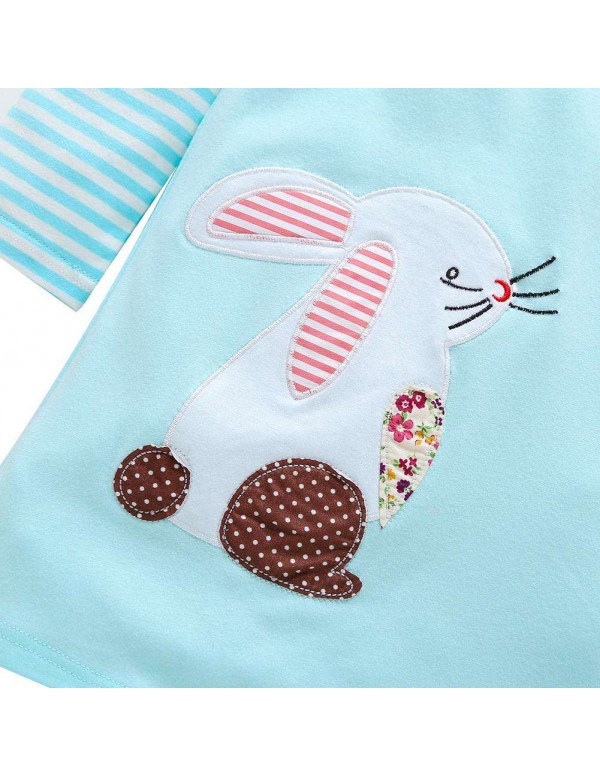 Children Long Sleeve Fashion Stripe Dress Cartoon Rabbit Girls Clothing