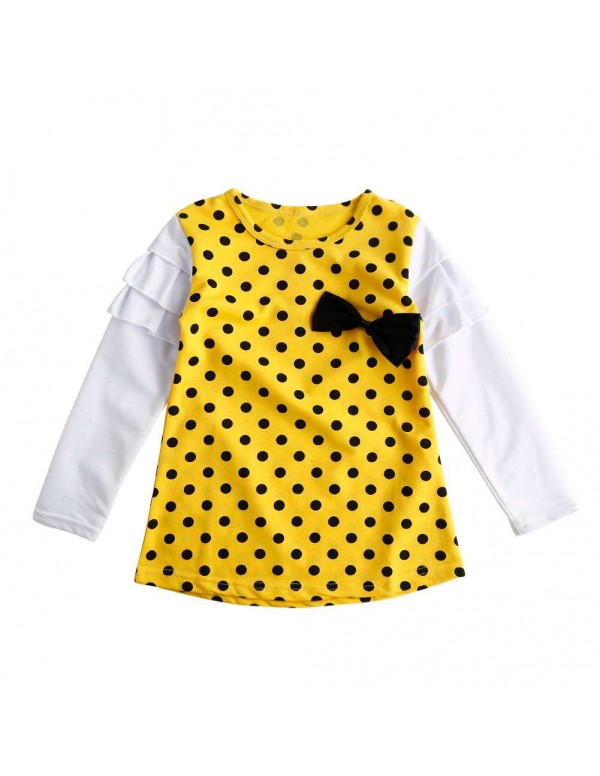 Girls Long Sleeve Polka Dot Dress Princess Cute Bowknot Children Clothes