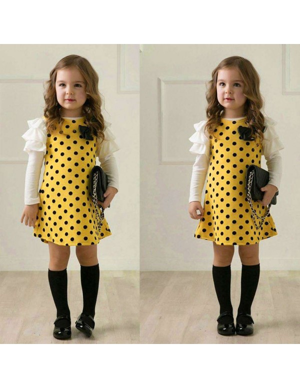 Girls Long Sleeve Polka Dot Dress Princess Cute Bowknot Children Clothes