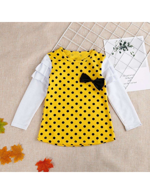 Girls Long Sleeve Polka Dot Dress Princess Cute Bowknot Children Clothes