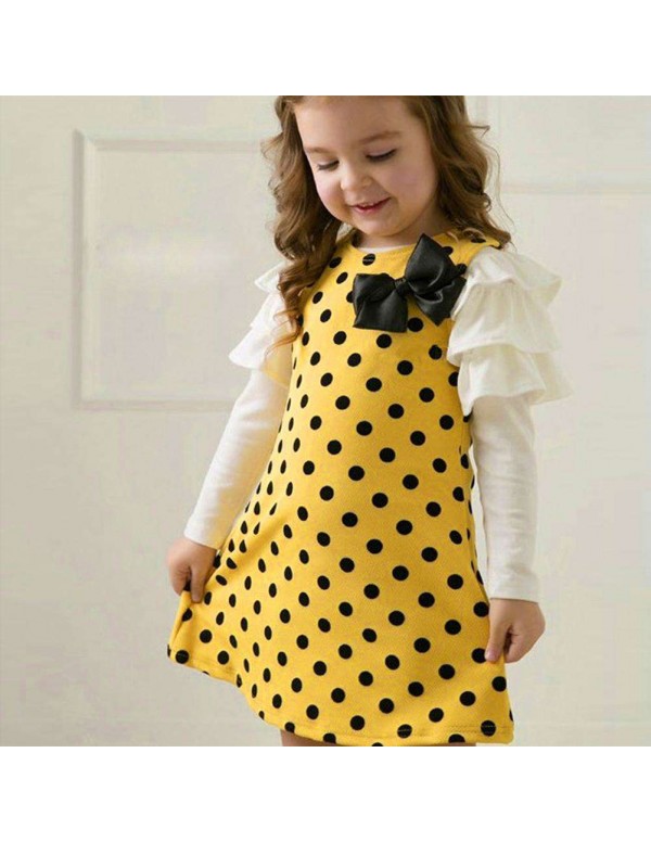 Girls Long Sleeve Polka Dot Dress Princess Cute Bowknot Children Clothes