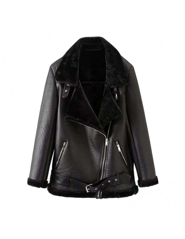 Faux Leather Jacket Turn Down Collar Warm Street Pockets Coat