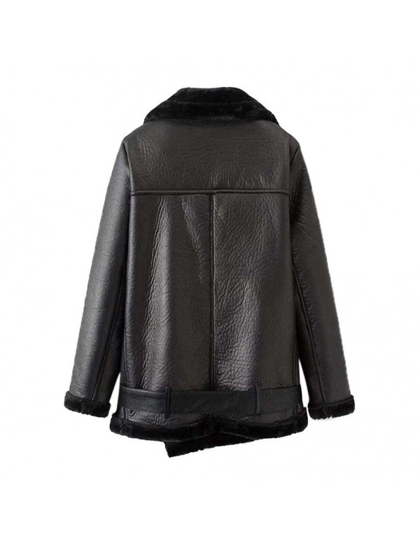 Faux Leather Jacket Turn Down Collar Warm Street Pockets Coat