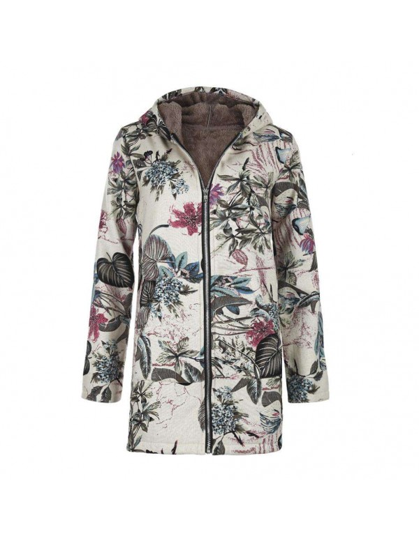 Retro Fleece Coat Casual Floral Print Hooded Jacke...