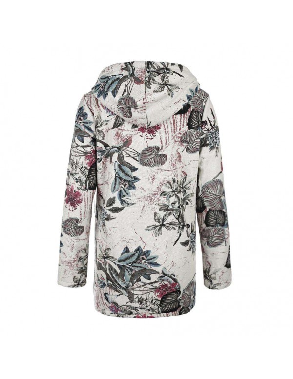 Retro Fleece Coat Casual Floral Print Hooded Jackets Plus Size