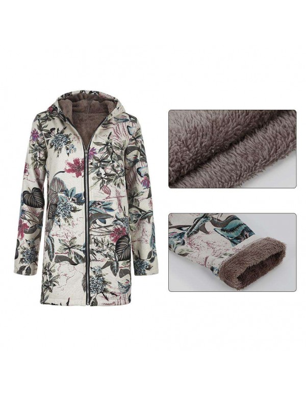 Retro Fleece Coat Casual Floral Print Hooded Jackets Plus Size