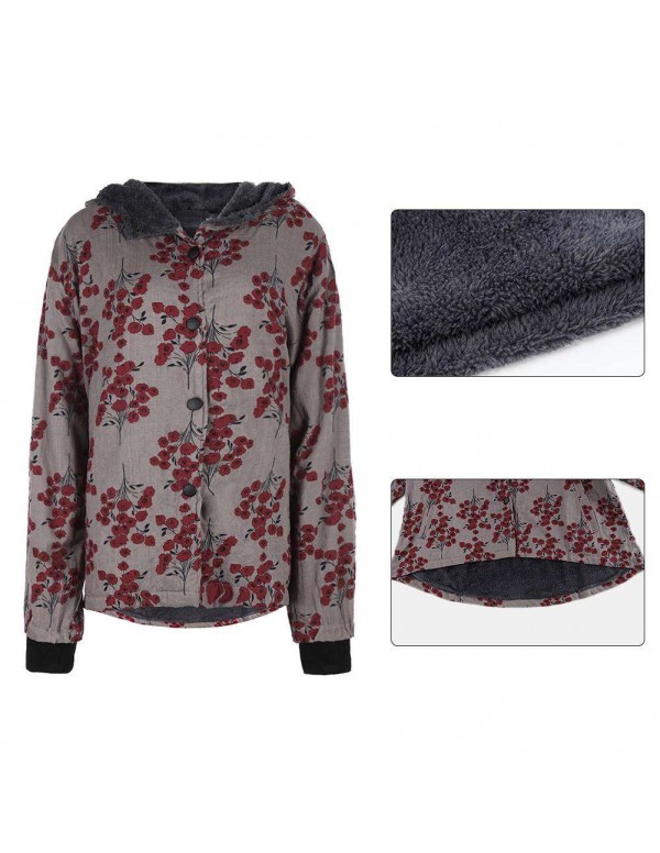 Jacket Single Breasted Hooded Coat Pockets Floral Print Parkas