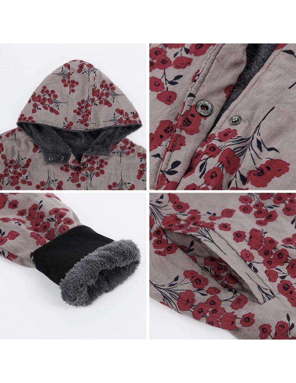 Jacket Single Breasted Hooded Coat Pockets Floral Print Parkas