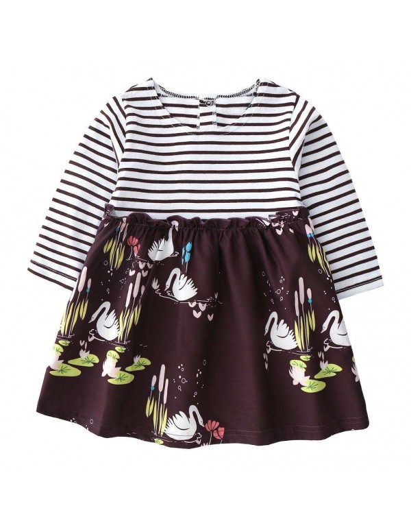 Child Girl Long Sleeve Stripe Print Dress Spring Patchwork Princess Dresses