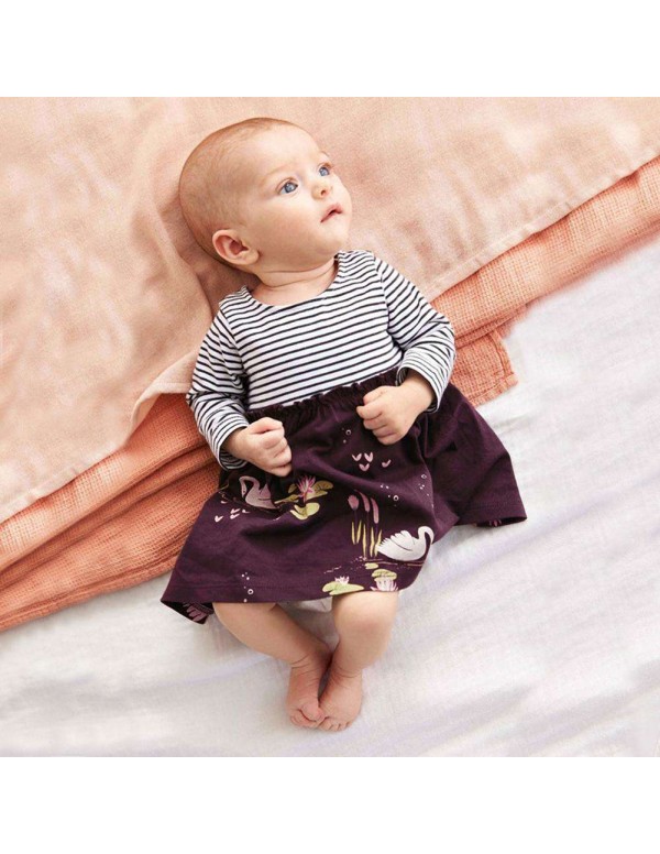 Child Girl Long Sleeve Stripe Print Dress Spring Patchwork Princess Dresses