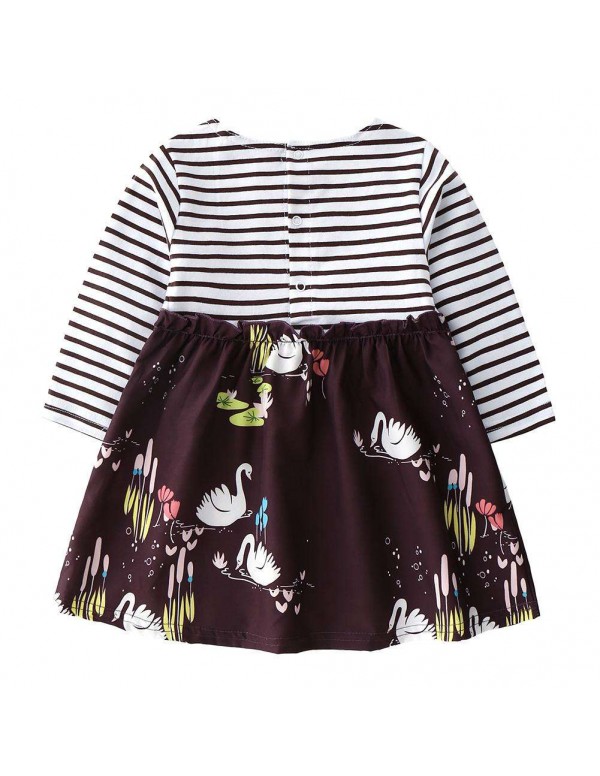 Child Girl Long Sleeve Stripe Print Dress Spring Patchwork Princess Dresses