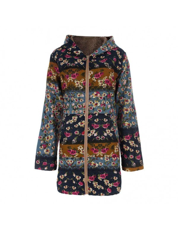 Plus Size Retro Hooded Warm Outerwear Floral Print...