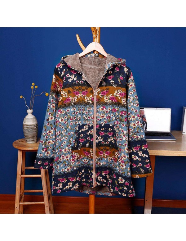 Plus Size Retro Hooded Warm Outerwear Floral Print Parkas Coat