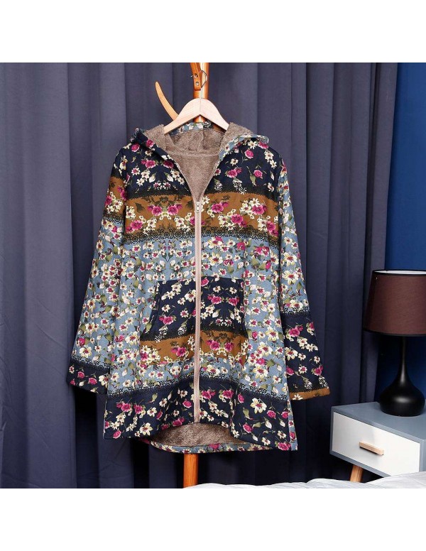 Plus Size Retro Hooded Warm Outerwear Floral Print Parkas Coat