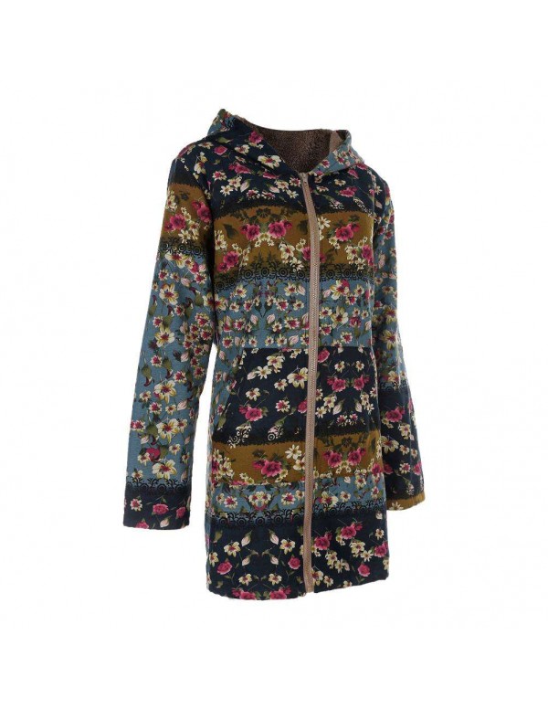 Plus Size Retro Hooded Warm Outerwear Floral Print Parkas Coat