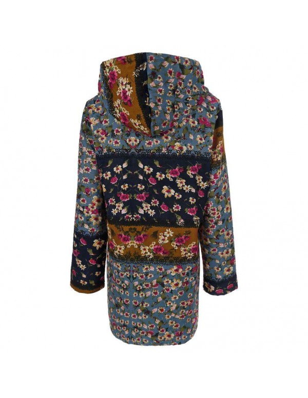 Plus Size Retro Hooded Warm Outerwear Floral Print Parkas Coat