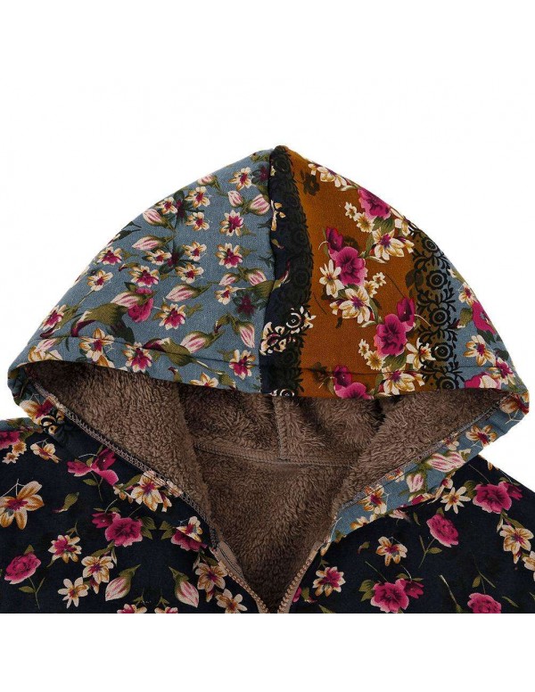 Plus Size Retro Hooded Warm Outerwear Floral Print Parkas Coat