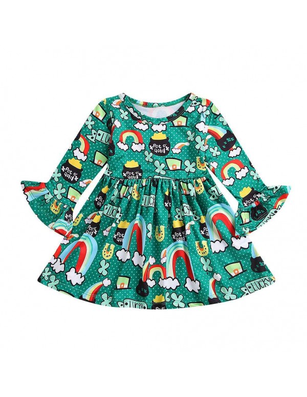 Child Cartoon Rainbow Cute Dress Spring Flare Slee...